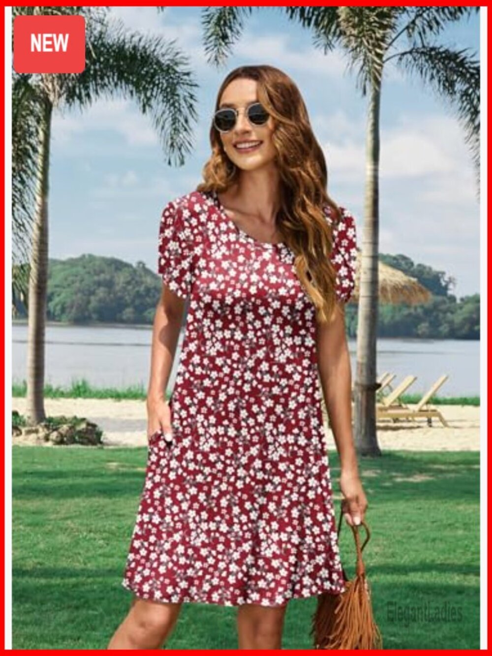 Casual Crewneck Petal Sleeve Swing Dress with Pockets - Picture 3 of 6